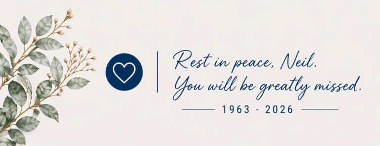 Memorial banner featuring a dark blue heart logo, decorative foliage on the left, and the message “Rest in peace, Neil. You will be greatly missed. 1963–2026.”