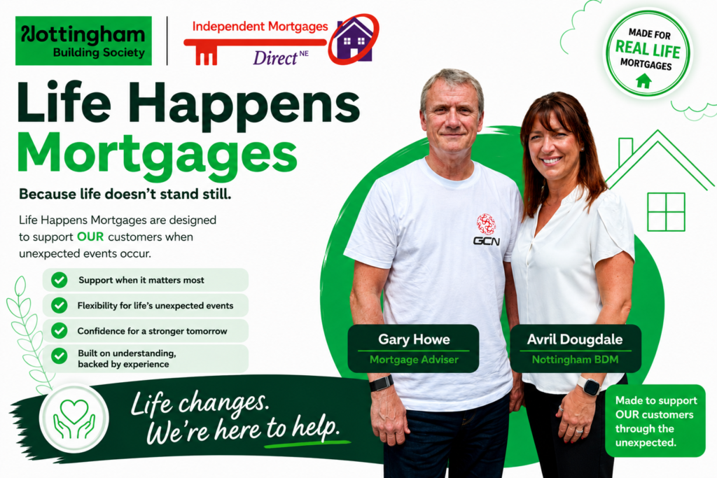 Life Happens Mortgages featuring Gary Howe and Avril Dougade, mortgage advisers, with bold green text 'Life Happens Mortgages' and supportive bullet points, plus circular 'Made for Real Life Mortgages' badge.